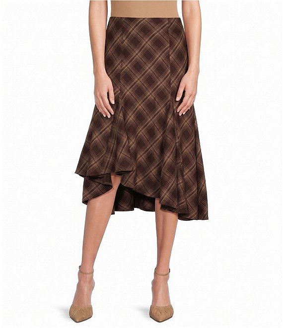 Lucy Paris Petite Size Mikey Plaid Printed Asymmetric Hem Midi Skirt