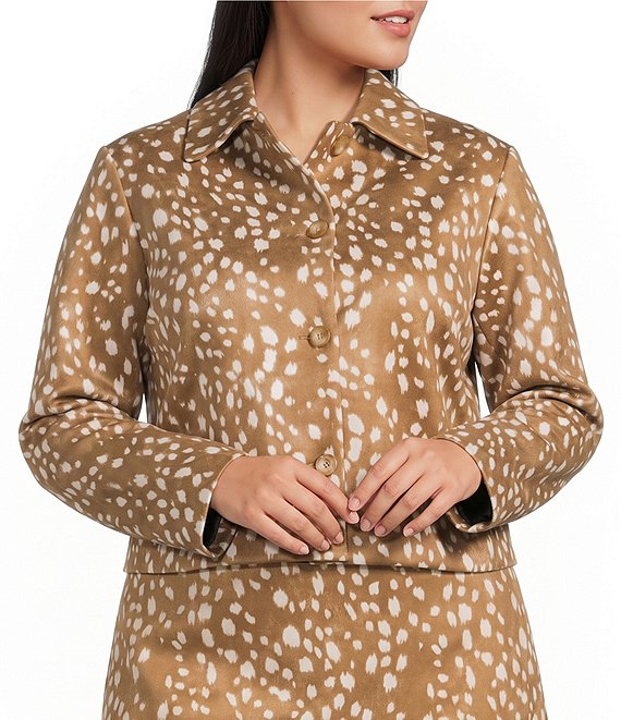 Lucy Paris Plus Size Bambi Printed Collared Long Sleeve Button Front Coordinating Suede Jacket