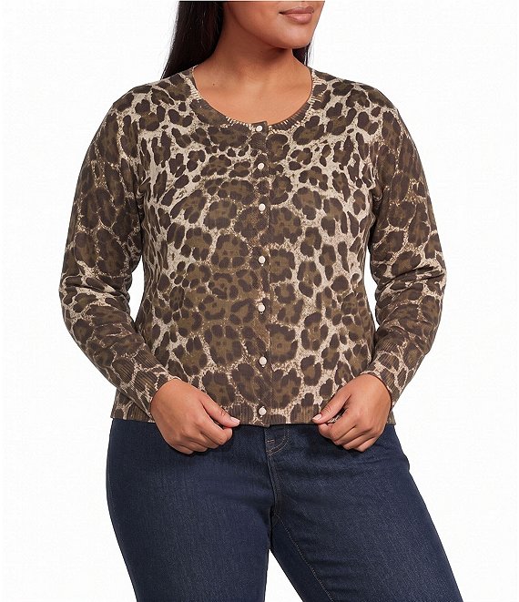 Lucy Paris Plus Size Didi Leopard Print Round Neck Long Sleeve Button Front Cardigan