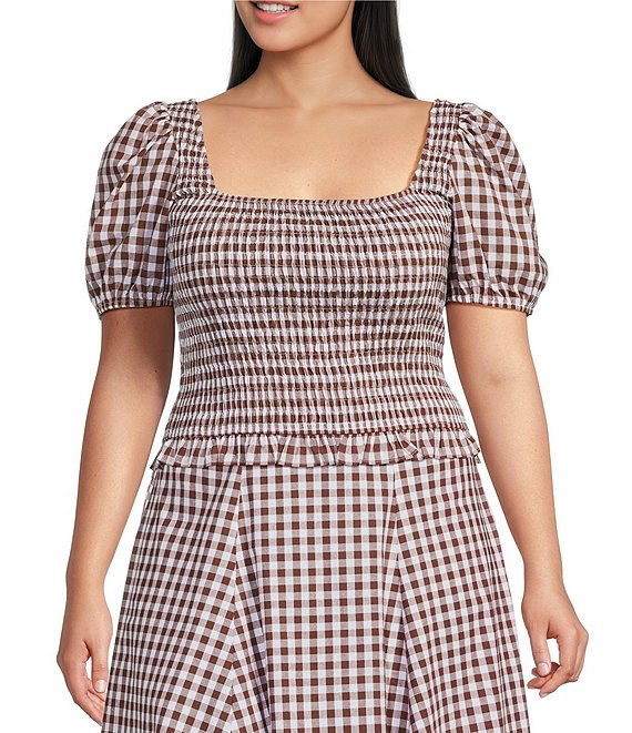 Lucy Paris Plus Size Kit Gingham Print Square Neck Short Sleeve Smocked Coordinating Top