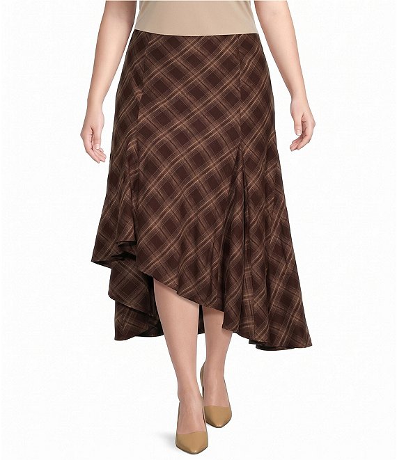 Lucy Paris Plus Size Mikey Plaid Printed Asymmetric Hem Midi Skirt
