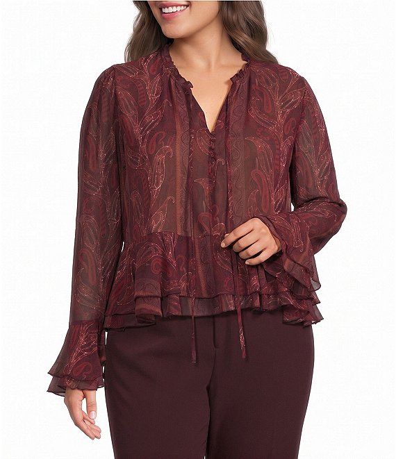 Lucy Paris Plus Size Paisley Print Ruffle V-Neck Long Sleeve Top