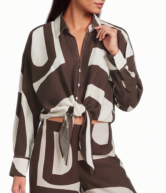 Lucy Paris Rue Geometric Printed Collared Long Sleeve Coordinating Button Front Tie Top