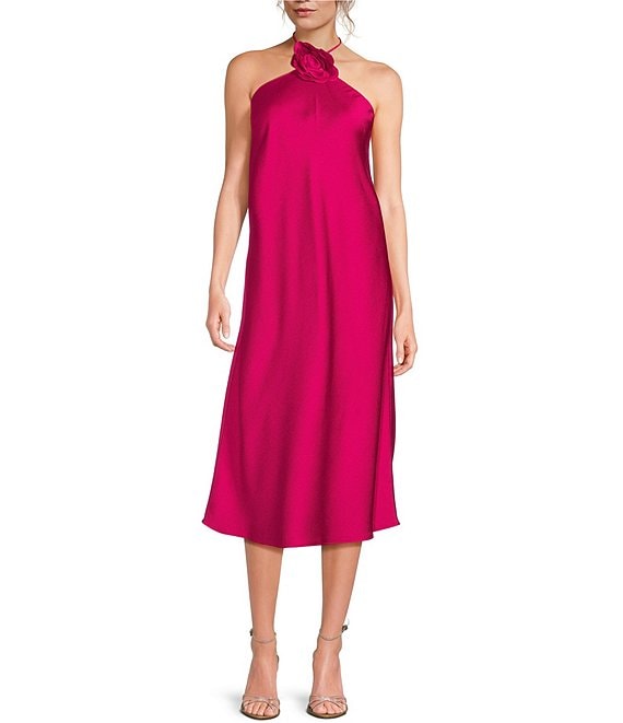 Lucy Paris Satin Halter Rosette Neck Sleeveless Midi Dress | Dillard's
