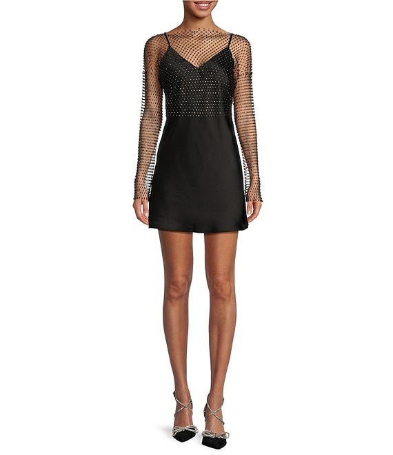Color:Black - Image 1 - Satin Sequin Bead Long Sleeve Overlay Mini Dress