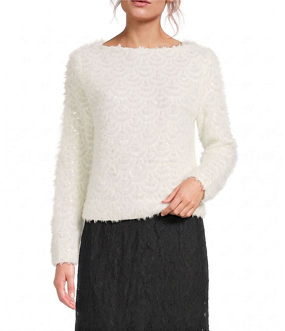 Lucy Paris Sequin Scoop Neck Long Sleeve Sweater