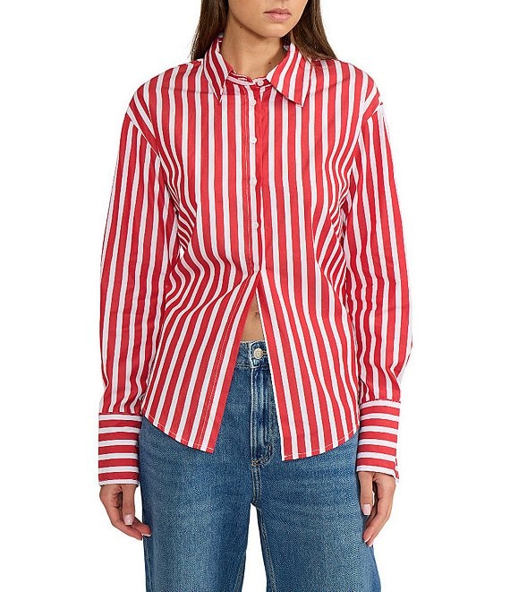 Lucy Paris Simone Stripe Print Point Collar Long Sleeve Open Tie Back Coordinating Button Front Top