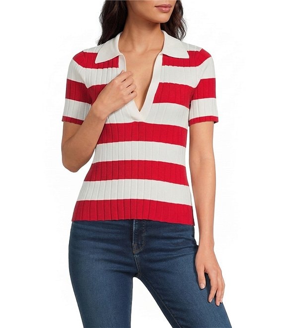 Lucy Paris Smith Stripe Johnny Collar Neck Short Sleeve Knit Top