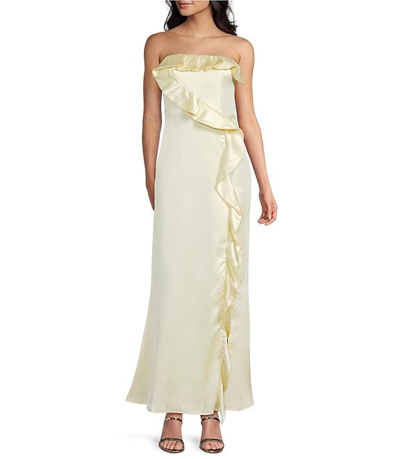 Lulus Bonnie Satin Strapless Ruffle Side Slit A-Line Full Length