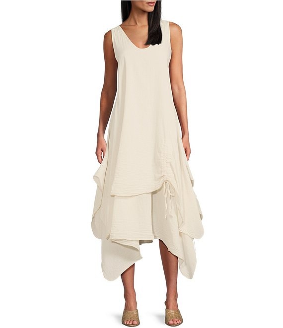 M Made In Italy Cotton Gauze V-Neck Sleeveless Layered Ruched Drawstring  Midi A-Line Dress