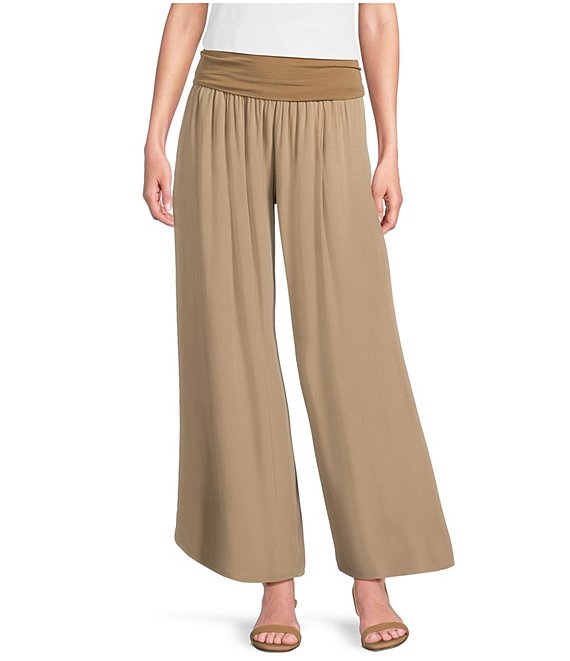 M Made in Italy Fold-Over Waistband Wide Leg Pull On Pants, Biscotti - Image 1