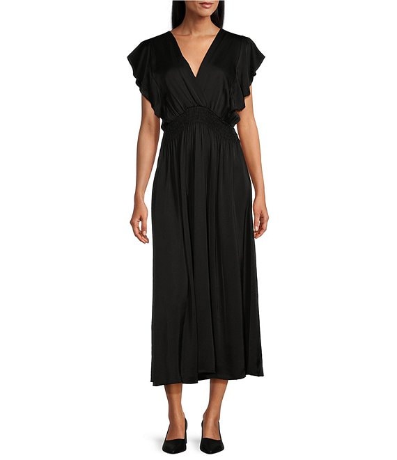 V-Neckline Gathered Waist Maxi Black Dress V-Neckline Gathered Waist Maxi Black Dress