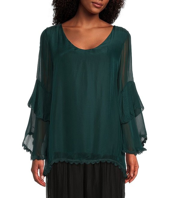 Color:Green - Image 1 - Scoop Neck Long Tiered Bell Sleeve Crochet Trim Silky Blouse