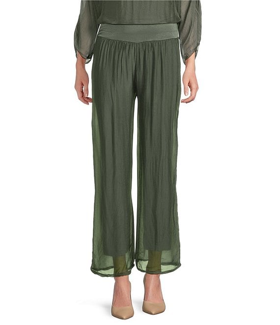 M Made in Italy Silky Wide Leg Pull-On Pants, Khaki - Image 1