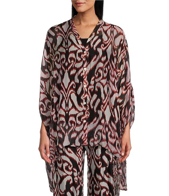 Color:Red Combo - Image 1 - Silky Woven Printed V-Neck 3/4 Sleeve Side Draped Hem Coordinating Button-Front Poncho