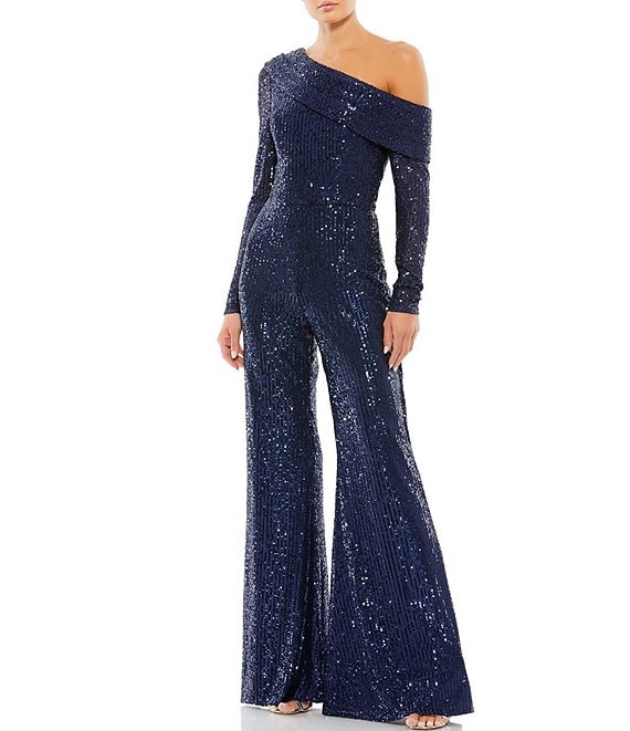 Blue Sequin Long Sleeve Embellished Jumpsuit | SilkFred