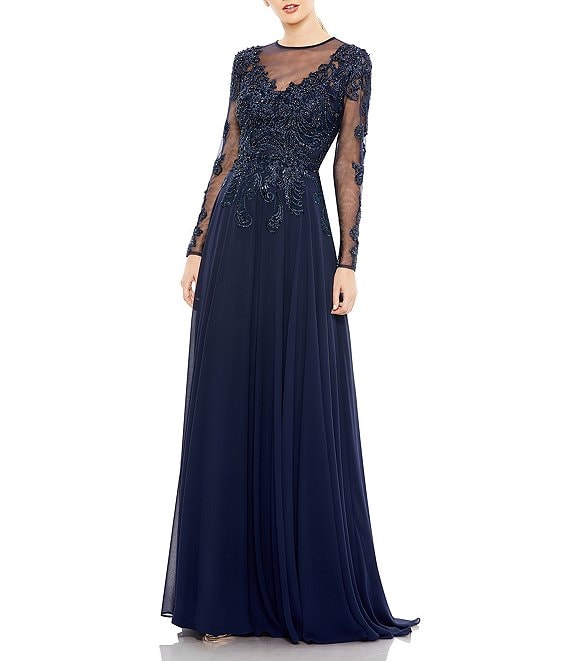 Mac Duggal Beaded Applique Illusion Crew Neck Long Sleeve A-Line Gown ...