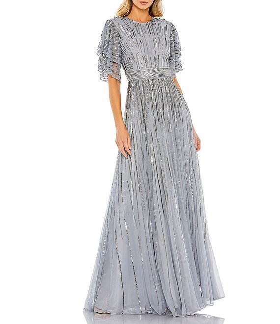 Color:Slate Blue - Image 1 - Beaded Crew Neck Short Ruffle Tiered Sleeve Gown