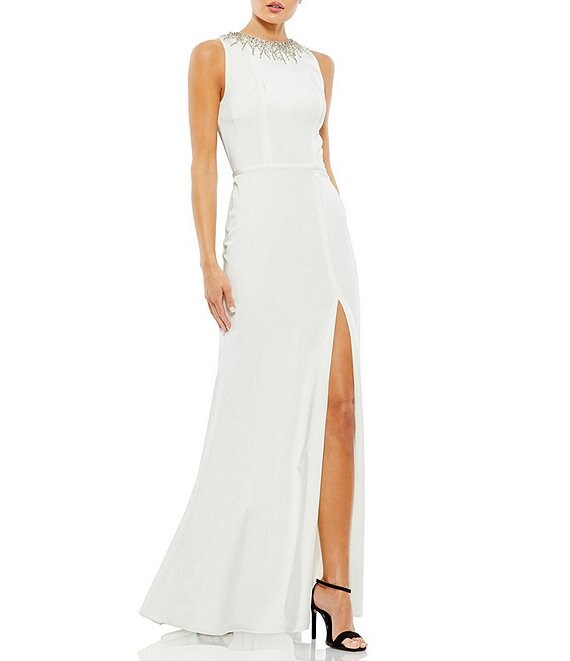 Color:White - Image 1 - Beaded Crew Neck Sleeveless Thigh High Slit Trumpet Gown