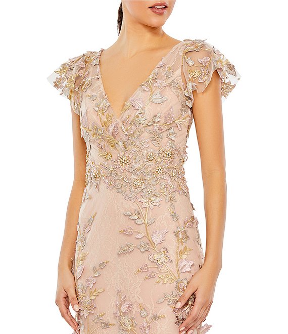 Mac Duggal - Blue Embroidered Applique Wrap Over Flutter Sleeve Gown - US 10