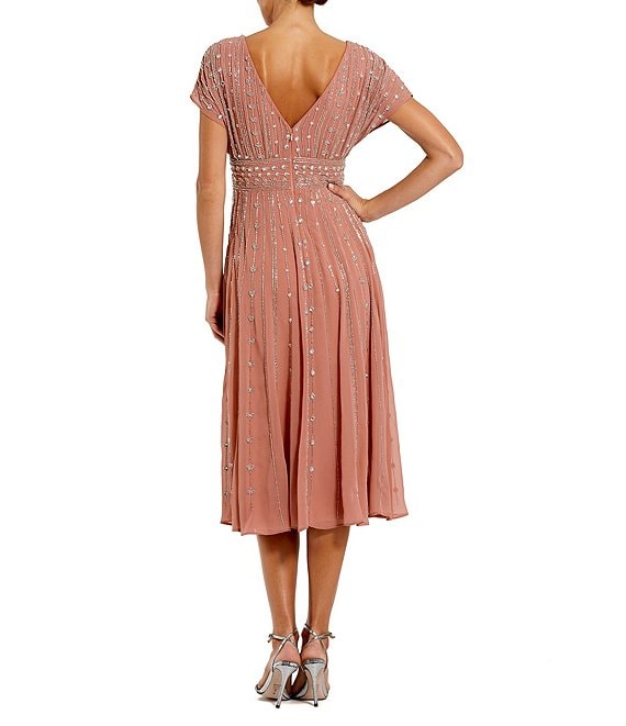 Mac Duggal Beaded Georgette Blouson Midi Dress, Womens, 6, Cinnamon