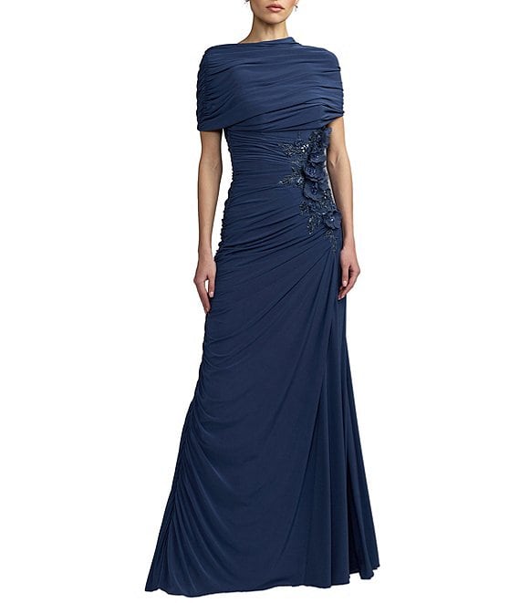 Mac Duggal Beaded Jersey Draped Capelet Top Column Gown