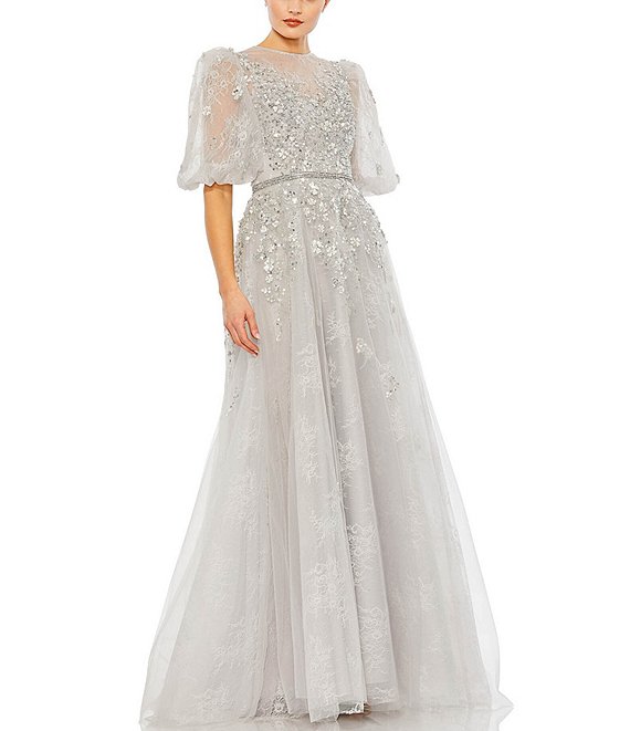 Mac Duggal Beaded Jewel Neck Short Puffed Sleeve Gown | Dillard's