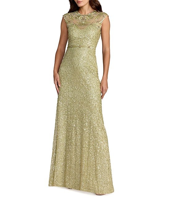 Mac Duggal Beaded Mesh Cap Sleeve High Neck Column Gown