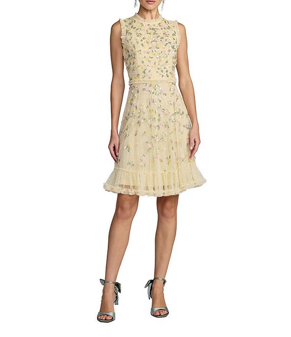 Mac Duggal Beaded Mesh Sleeveless Ruffle Hem Dress