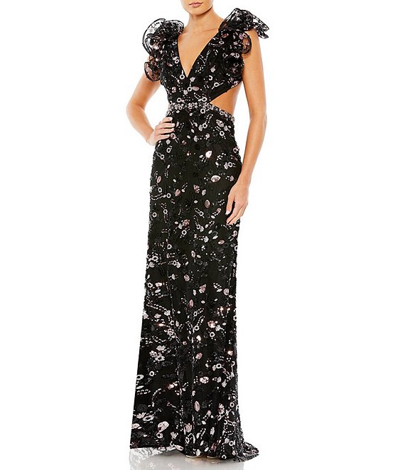 Mac Duggal Beaded Ruffle Shoulder Deep V-Neck Sleeveless Side Cut Out ...