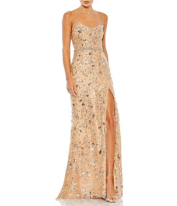 Mac Duggal Beaded Sequin Spaghetti Strap Sweetheart Neck