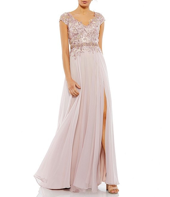 Color:Rose - Image 1 - Beaded V-Neck Cap Sleeve A-Line Gown