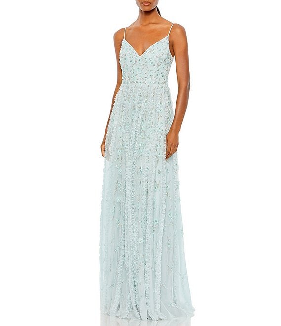 Color:Seamist - Image 1 - Beaded V-Neck Spaghetti Strap Gown