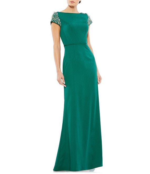 Mac Duggal Boat Neck Beaded Cap Sleeve Column Gown