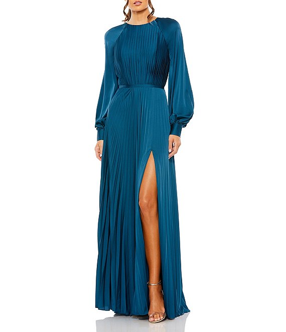 Mac Duggal Crew Neck Long Blouson Cuff Sleeve Pleated High Slit Gown ...