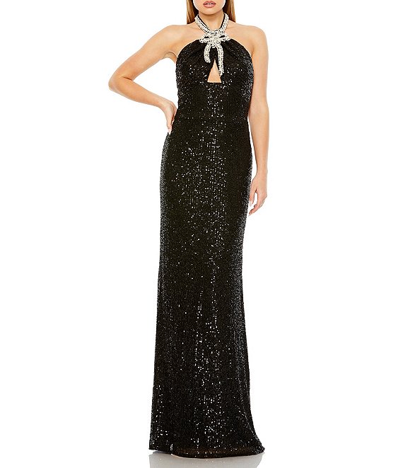 Mac Duggal Bow Halter Keyhole Neckline Sequin Gown | Dillard's