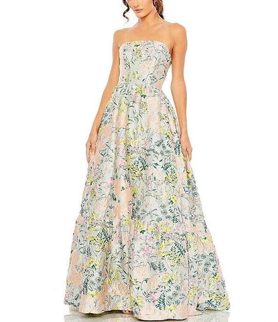 Mac Duggal Brocade Floral Print Strapless A-Line Gown | Dillard's