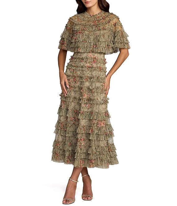 Mac Duggal Capelet Floral Print Micro Ruffle Midi Dress