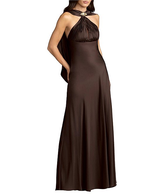 Mac Duggal Charmeuse Halter Back Cowl Gown