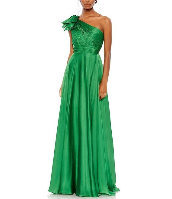 Color:Emerald Green - Image 1 - Chiffon Pleated Asymmetrical Neck Shoulder Ruffle Cap Sleeve Thigh High Slit Gown