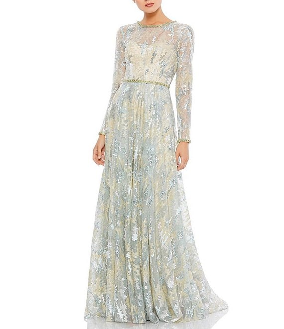 Mac Duggal Crew Neck Floral Embellished Long Sleeve A-Line Gown | Dillard's