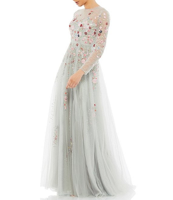 Mac Duggal Crew Neck 3/4 Sheer Sleeve Floral Ball Gown