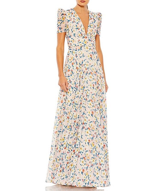 Mac Duggal Deep V-Neck Short Puff Sleeve Floral Print A-Line Gown ...