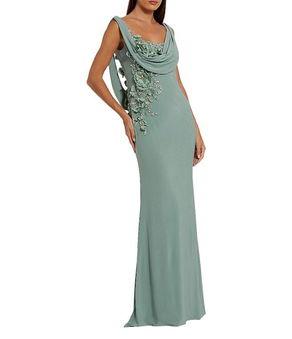 Mac Duggal Drape Neckk 3D Floral Applique Jersey Column Gown