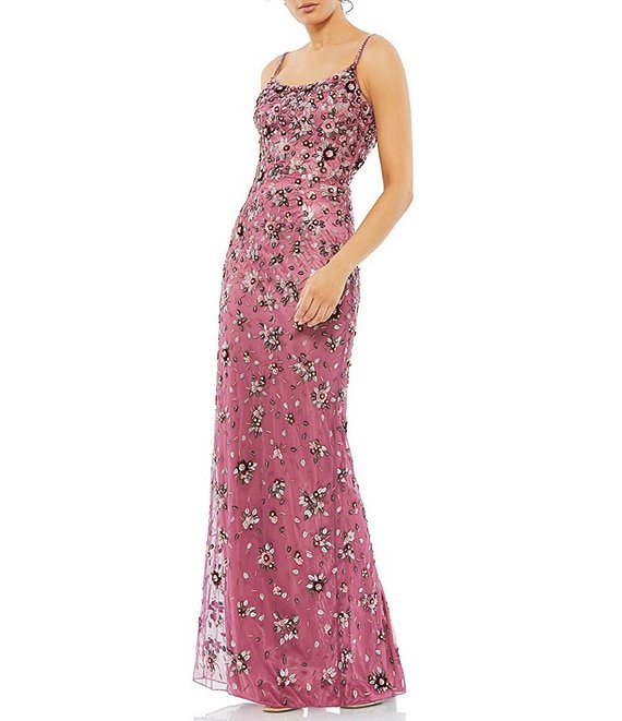 Color:Raspberry - Image 1 - Embellished Floral Beaded Open Back Detail Scoop Neck Sleeveless Gown