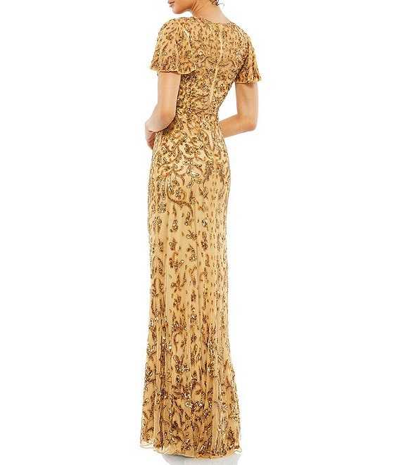 gold flutter sleeve dress Mac Duggal Embellished High Neck Long Gown Hande Erçel