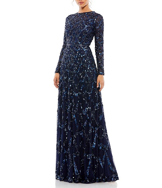 Mac Duggal Embellished Illusion Crew Neck Long Sleeve A-Line Gown