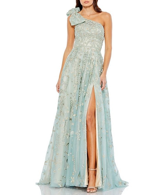 Mac Duggal Embellished One Shoulder Sleeveless Thigh High Slit Gown
