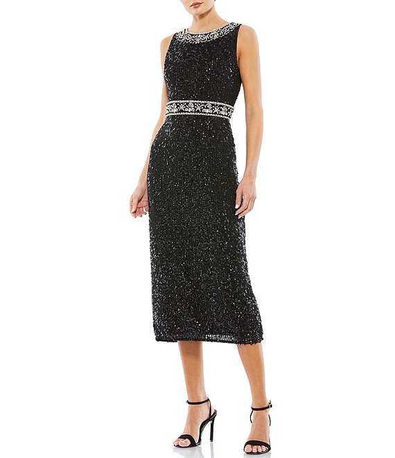 Color:Black - Image 1 - Embellished Sleeveless Crew Neck Beaded Waist Sheath Midi Dress