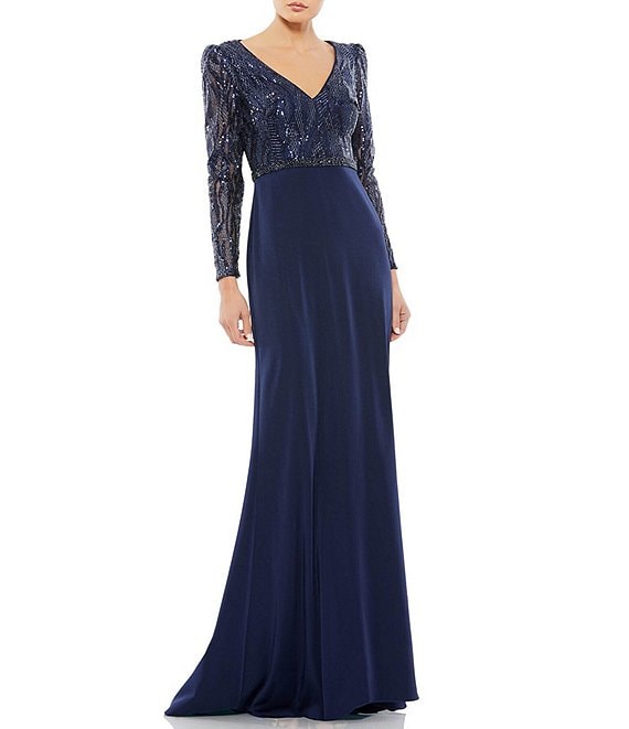 Color:Midnight - Image 1 - Embellished V-Neck Long Sleeve Bodice Column Dress